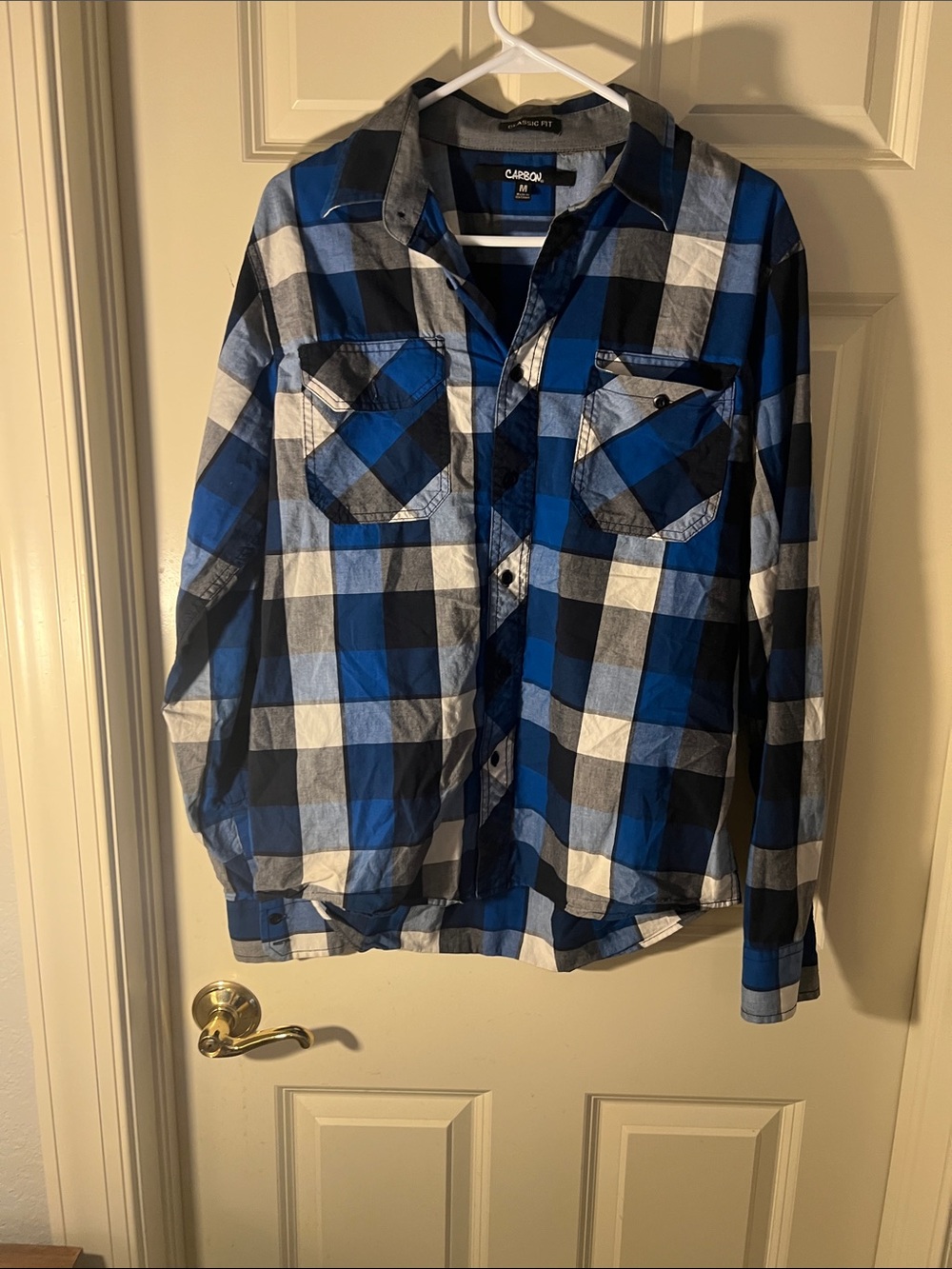 Carbon Blue and Black Plaid Casual Button-Down Shirt